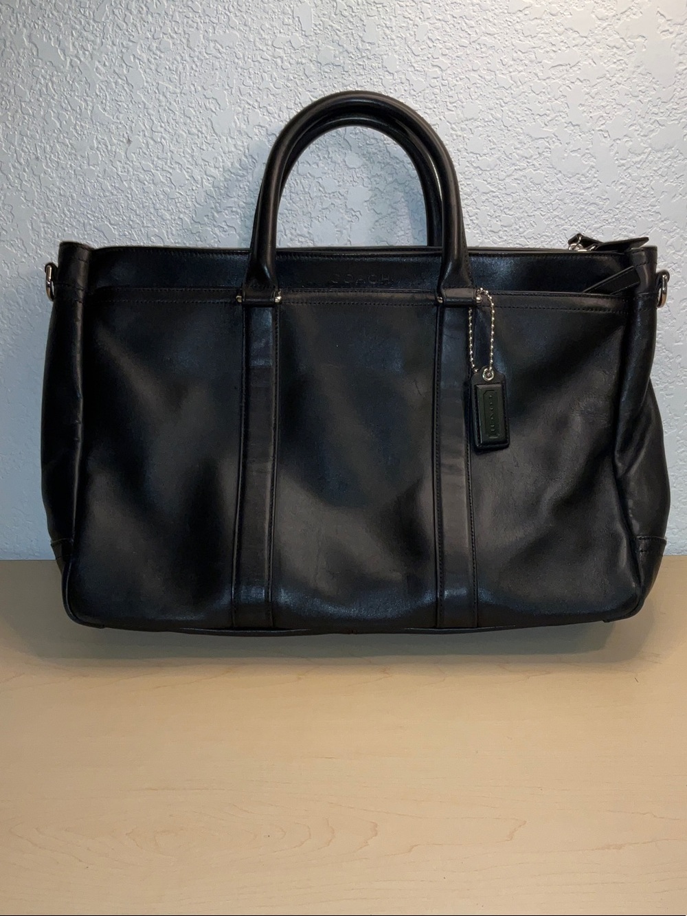Coach Black Leather Duffel Bag with Top Handles